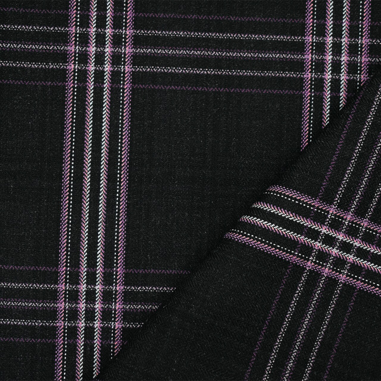 Black-Purple-Multi Wool-Polyester Plaid Herringbone Woven Suiting Fabric By the Yard